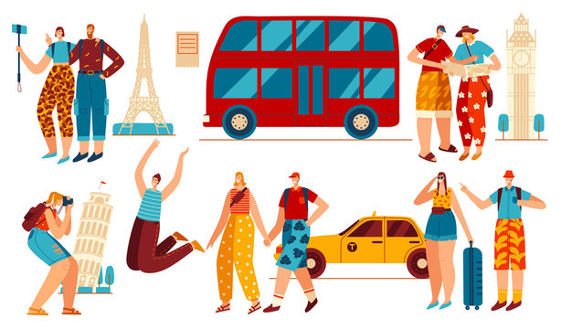 Tourists in Europe, couple traveling to famous landmarks and taking pictures, vector illustration. People travel to London, Paris and Pisa, happy couple on vacation. Bus and taxi for tourist in Europe