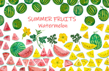 Watercolor hand painting illustration of red and yellow watermelon sliced, round green fruit, flower and leaves, Sumer fruits texts diecut isolated on white background with clipping path