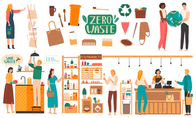 Zero waste lifestyle, environment friendly products, vector illustration. Reduce, reuse and recycle concept. People in eco shop, isolated items from natural materials, zero waste store, no plastic