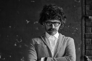 hipser teacher glasses mustache, crystal modern young teacher, brutal guy concept with mustache