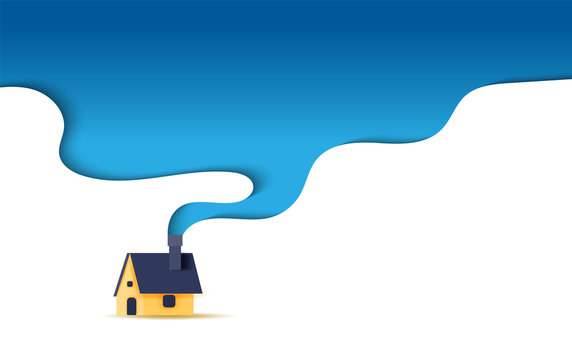 illustration of House with a smoking chimney shape curve concept.Creative paper cut and craft style.Winter season background.Minimal modern holiday banner.My home space for your text idea.vector EPS10