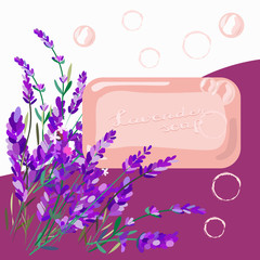 A bar of lavender-scented soap and flowers