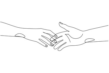 Obraz premium Holding hands one line drawing on white isolated background. Vector illustration