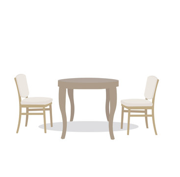 2d table with two chairs on white background for decoration design. Desk space concept. Vector design. Wooden table. Business background. White background isolated. Home decor.