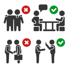 Precaution and Prevention Ways to Stop Pandemic Coronavirus. Icons Set on White Background. Vector