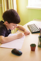 Fototapeta na wymiar Boy doing homework during the coronavirus quarantine. Remote education concept.