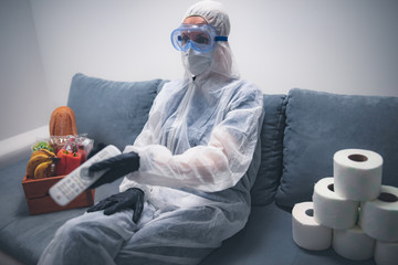 Quarantine and isolation during the virus outbreak - groceries and food in stock, sitting at home,...