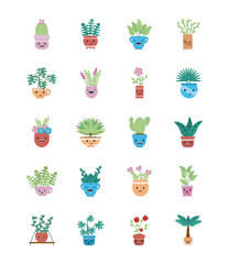 Kawaii plants inside pots flat style icon vector design
