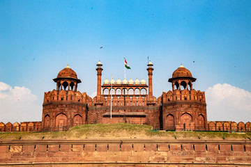 Main entrance of Red Fort building.The Red Fort is a historic fort in the city of Delhi in India. Locate on New Delhi city center with large of red wall made from stone