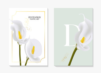 Set of elegant calla lily brochure, card, background, cover with luxury golden foil, holiday design card. Watercolor vector flora