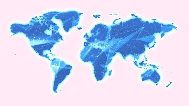 World Map Global Technology Background/ 4k animation of a hi-tech background with technology world map outlines and dots connected