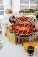 Variety of tasty delicious snacks on the table. Close up of large selection of food with cold snacks, cocktails, cold meats, cheese. Corporate birthday party event or wedding celebration
