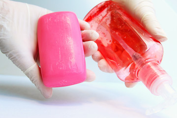 Hand and body disinfectants. Liquid and solid soap. Hand washing to fight viruses and germs.