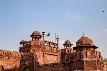 Fototapeta na wymiar Main entrance of Red Fort building.The Red Fort is a historic fort in the city of Delhi in India. Locate on New Delhi city center with large of red wall made from stone