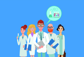 Team of medical doctors are looking at camera and smiling on white background, laboratory, hospital. Clinic personnel with happy faces