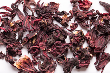 Hibiscus tea on a white isolated background close-up.