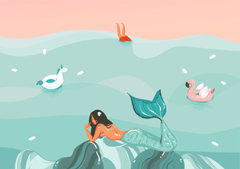 Hand drawn vector stock abstract graphic illustration with a sunbathing mermaid young girl lying on ocean beach seashore and flamingo unicorn rubber rings isolated on colour background