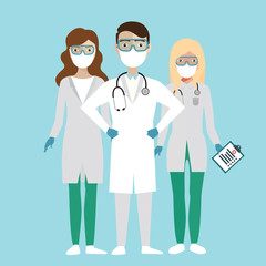 Doctor and nurse characters set. Full length man and woman doctors wearing uniform, white coat and scrubs, glasses, holding clipboard and stethoscope. Flat style cartoon vector isolated illustration