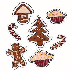 Set of Vector Christmas Cookies isolated on white background. Gingerbread men, christmas tree, candy, keks and house. Cute cartoon stock vector illustration in doodle style.
