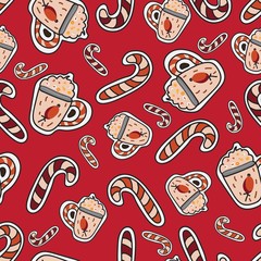 Vector seamless pattern. Hand drawn cute doodle illustration of gingerbread with cups and candy, isolated on red background. Design for fabrics,wallpapers,greeting cards,wrappings.