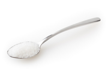 Teaspoon of sugar isolated on white background with clipping path - obrazy, fototapety, plakaty