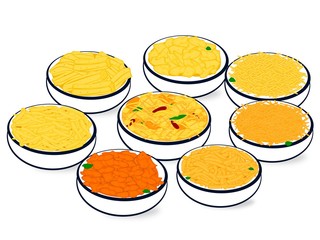 Namkeen farsan,chivda,papdi,sev,gathiya in indian snacks Vector