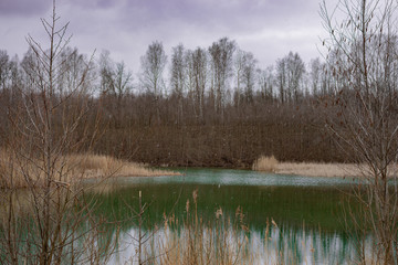 A flooded old sand pit in early spring with blue water in cloudy weather - nature captures anthropogenic culture over time.