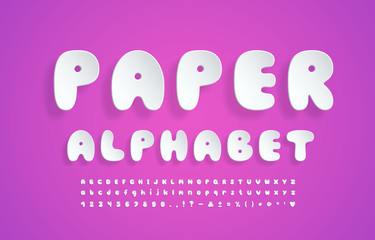 Realistic paper alphabet white color cartoon bubble font. Uppercase and lowercase letters, numbers, marks and signs. Flying 3D typeface on pink gradient background. Vector illustration
