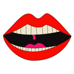 Singing mouth creative illustration. Vector EPS 10. Pop art cartoon style. Colorful digital doodle. Lips, open mouth, tongue, teeth. Sticker. Graphic design element. 90s style. 