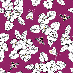 Vector Flowers Pansies and Bugs in White Black Yellow Scattered on Pink Background Seamless Repeat Pattern. Background for textiles, cards, manufacturing, wallpapers, print, gift wrap and scrapbooking