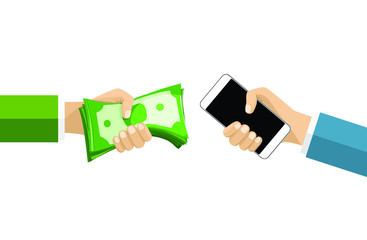 Hands holding packs of dollar bills and smartphone