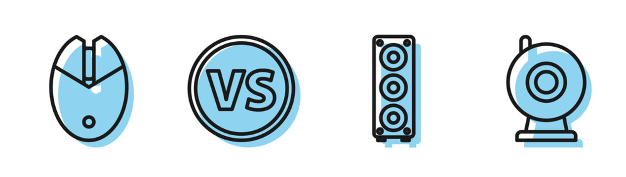 Set line Stereo speaker, Computer mouse gaming, VS Versus battle and Web camera icon. Vector
