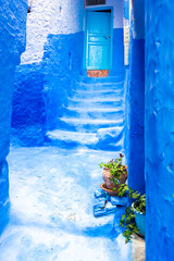 Narrow street in the blue city, Chefchaouen, Morocco. Vertical.