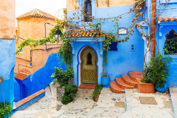 Fototapeta na wymiar View of the street of the blue town Chefchaouen, Morocco.