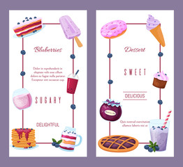 Menu for sweet blueberry dessert. Icon, poster and banner concept dessert. Blueberry smoothie, yogurt, lemonade, ice cream, cheese cake, cupcake, smoothie and jam. Cartoon style. Vector illustration.