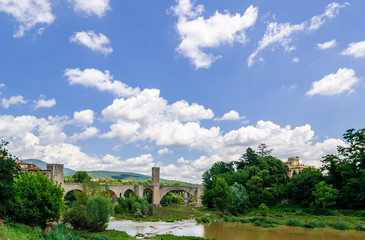 Fototapeta na wymiar Medieval bridge of Besalu. View from north fortificated town. Garrotxa, Girona, Catalonia, Spain