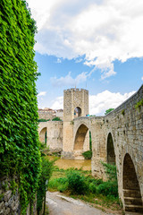 Medieval bridge of Besalu. View from north fortificated town. Garrotxa, Girona, Catalonia, Spain