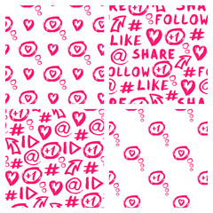 Set of 4 seamless patterns with red signs and symbols (hashtag, 
