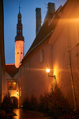 Tallinn, Estonia December 7, 2019 Winter season medieval streets and old town architecture of Estonian capital