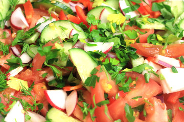 Raw vegan food as background. Salad of greens, fresh vegetables, cucumber, tomato, radish, close-up