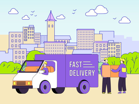 Fast delivery template banner, poster, flyer. Concept postmail shipping van with two staff members mail who load the box. Cartoon style design car. City background and landscape. Vector illustration.