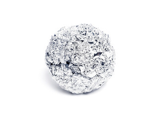 Tinfoil ball, isolated on white background. Isolated object of aluminum foil or silver paper.