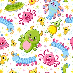 Tapeten Lustiges Muster mit Außerirdischen. Vektornahtlose Illustration mit netten Monstern © svaga