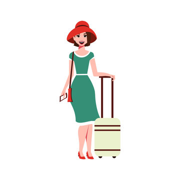 Young woman with Luggage is going on vacation. Summer holiday. Vector illustration in cartoon style. EPS 10.