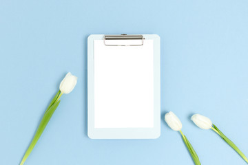 Fototapeta na wymiar Clipboard and flowers on a blue pastel background. Paper card mockup. Spring concept with copy space.
