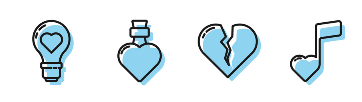 Set Line Broken Heart Or Divorce, Heart Shape In A Light Bulb, Bottle With Love Potion And Music Note, Tone With Hearts Icon. Vector