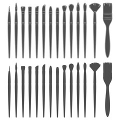 Set of black and white illustrations with brushes for painting. Isolated vector objects on a white background.