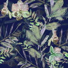 Tropical plants seamless pattern. Watercolor illustration. Artistic background.