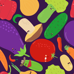Cartoon character vegetable seamless pattern, wrapping paper. Banner, poster concept healthy food. Food objects: zucchini, cucumber, tomato, pepper, potato, carrot, broccoli. Vector illustration.