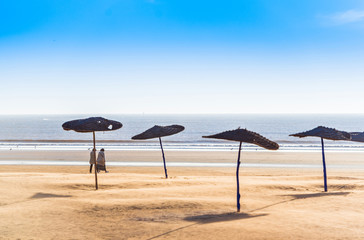View of the sandy beach, Essaouira, Morocco. Copy space for text.